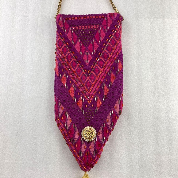 Small Cell Phone Club Purse Bag Handbag Beaded Satin Butterfly Tassel Chain Pink - Picture 2 of 6